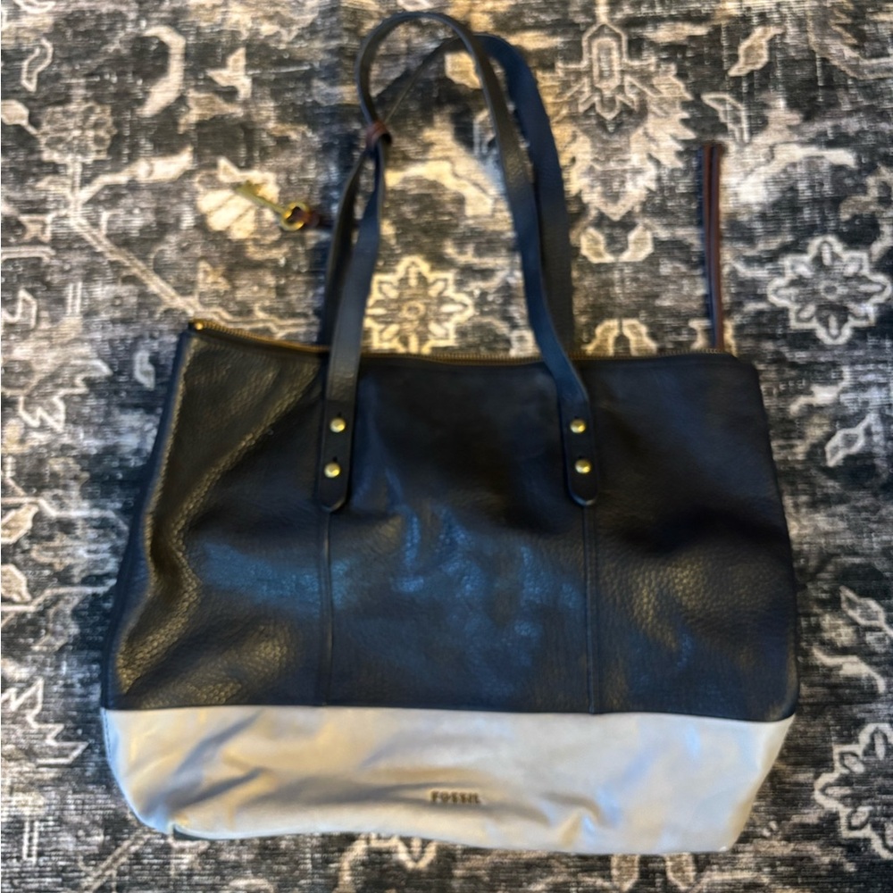 Fossil Black and Tan Leather Tote
